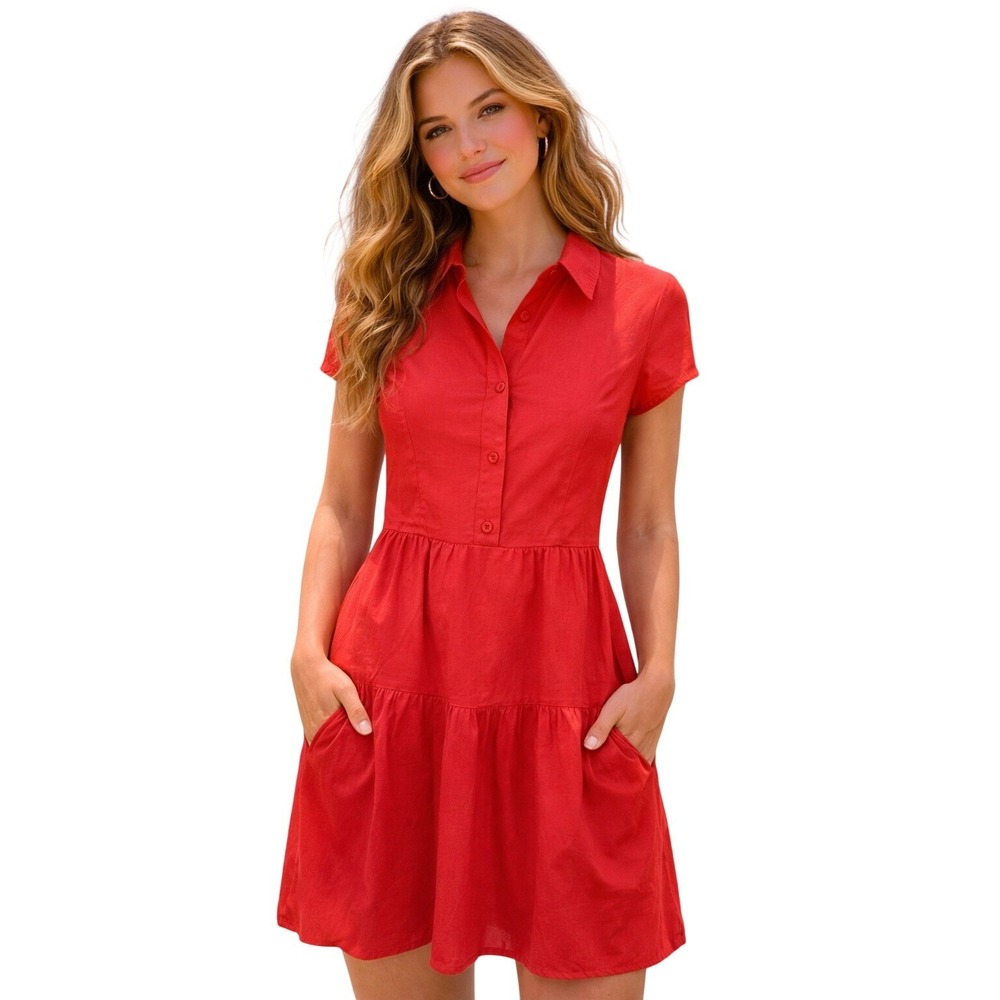 Diane von Furstenberg Shirt Dress Womens 2 Red Excellent Eyelet Tiered Mini